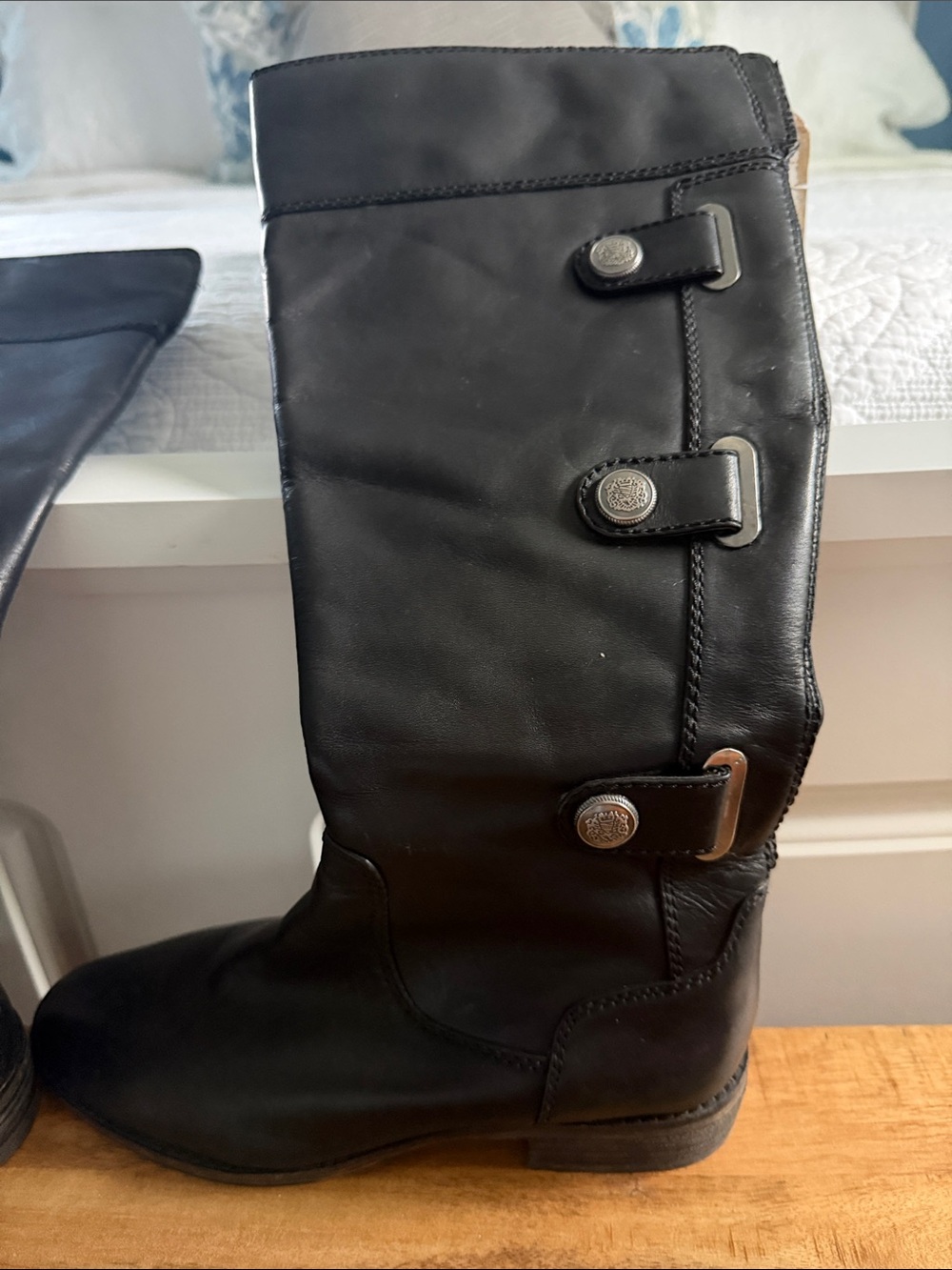 Arturo Chiang Black Mid-Calf Leather Riding Boots with Buckle Accents